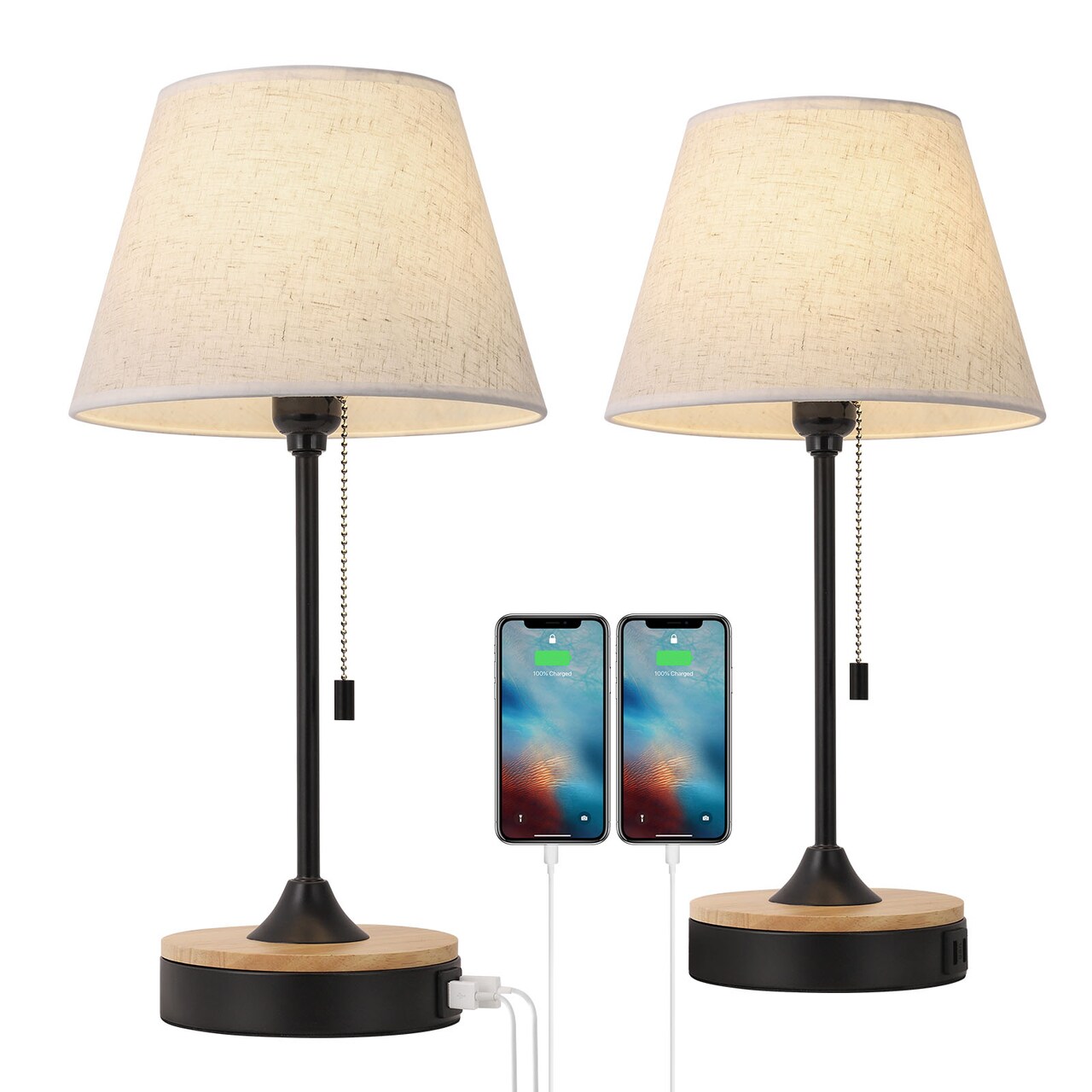 Set of 2 Beige Table Desk Lamps with Dual USB Ports – Wood & Metal Bedside Lamps, Linen Shade, UL-Certified, Eye-Caring Lighting for Bedroom, Office, or Living Room